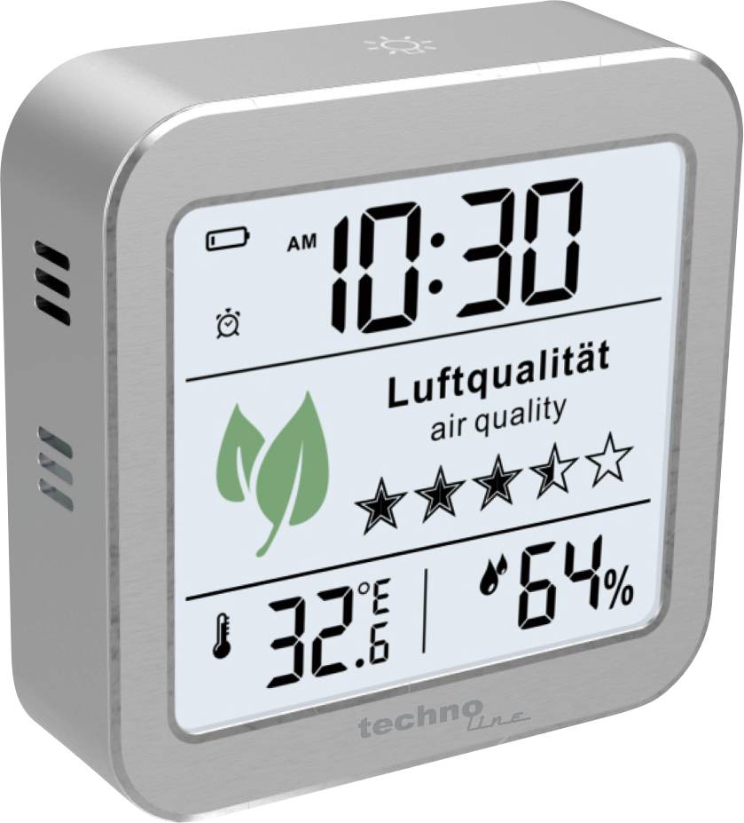 Digitális kijelző mutatja az időt 10:30, léminőség öt csillaggal, levélszimbólum, hőmérséklet 32,6°C, páratartalom 64%.