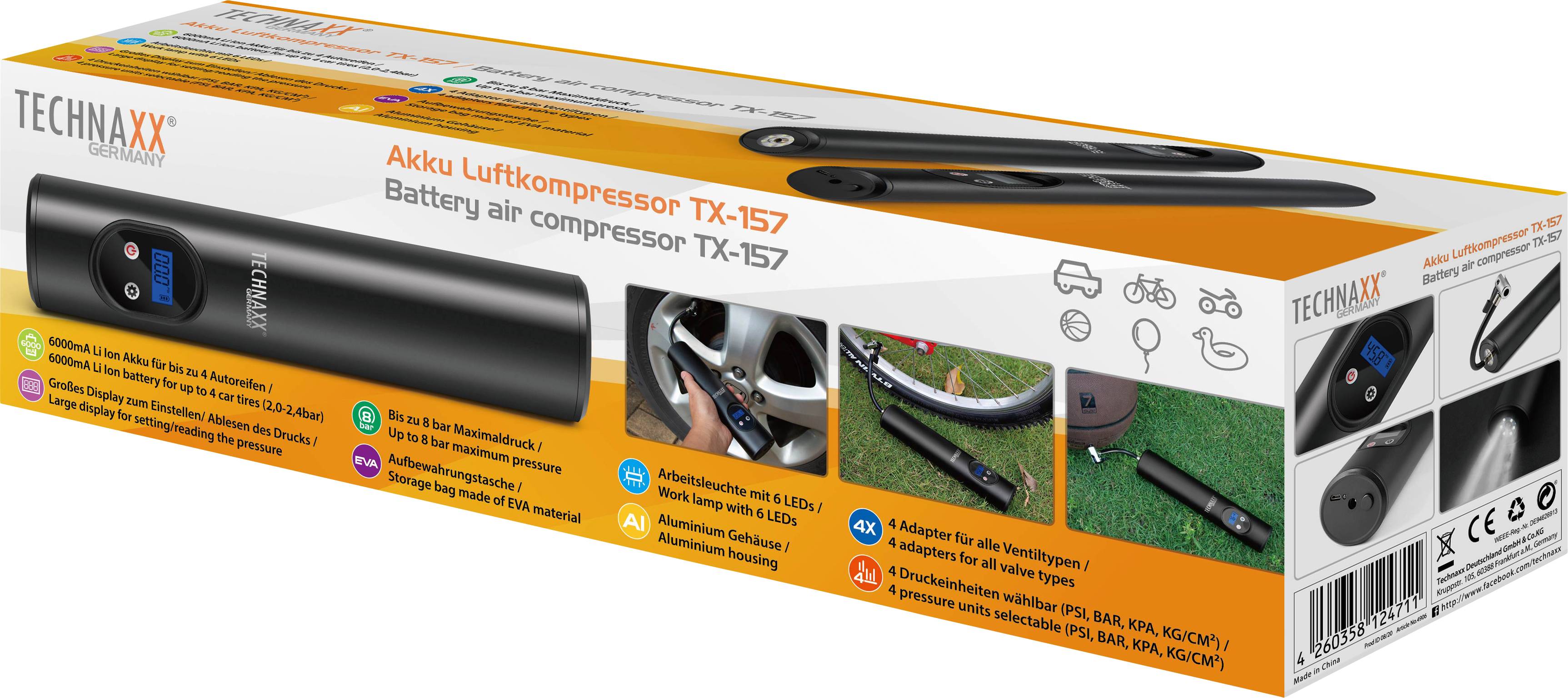 A TECHNAXX akkumulátoros légkompresszor TX-157 csomagolása a készüléket, a tartozékokat és alkalmazási példákat mutat, mint például kerékpár és autó.