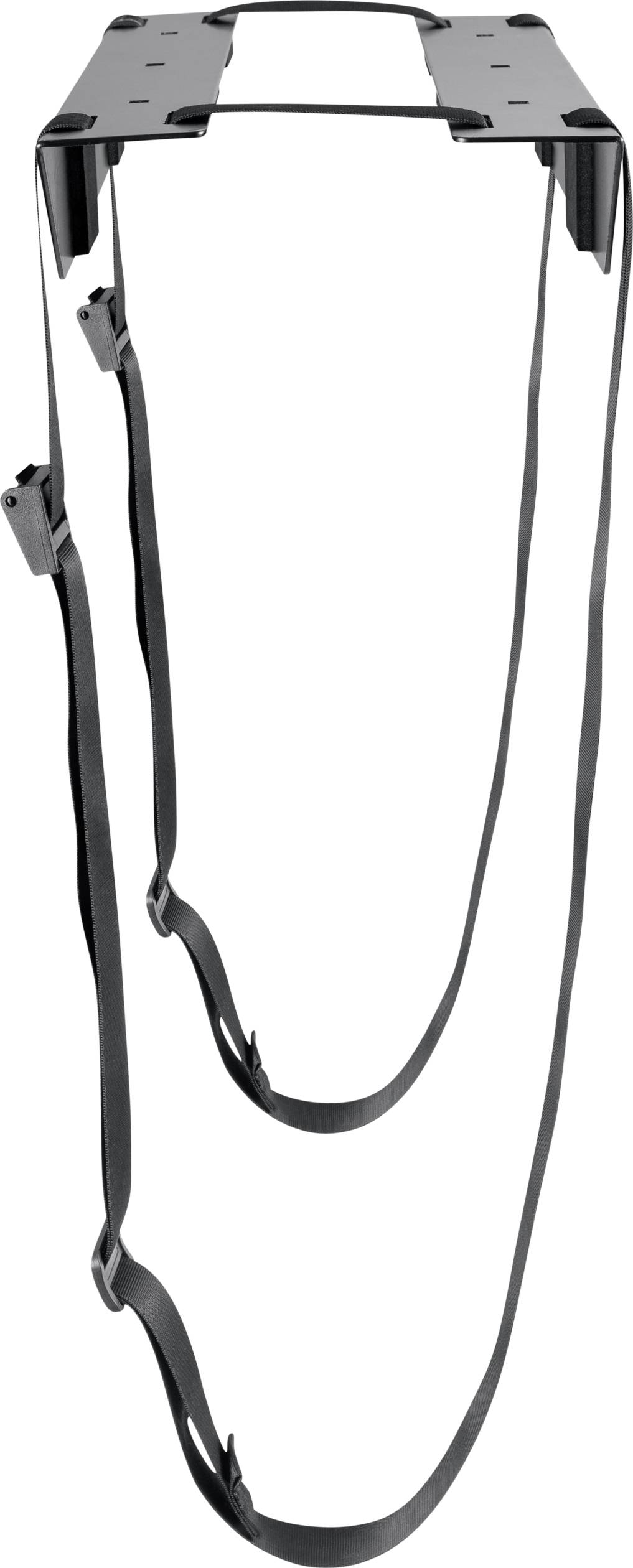 Fémkeret két hosszú, állítható hevederrel, valószínűleg tárgyak szállítására vagy rögzítésére.