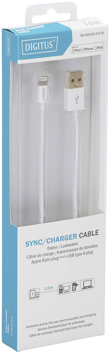 'Digitus' adat- és töltőkábel Apple-eszközökhöz, 1 méter hosszú, USB-A-ról Lightning-csatlakozóra, kompatibilis iPod, iPhone és iPad készülékekkel. A csomagolás a kábel dizájnját mutatja.
