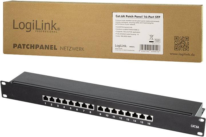 LogiLink 16 portos Ethernet patchpanel, tökéletes hálózati bekötésekhez. A csomag márka- és termékinformációkat tartalmaz.