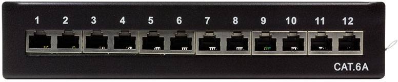 Egy 12 portos patch panel CAT.6A hálózati kábelekhez. A tetején láthatók a számozott 1-től 12-ig terjedő portok.
