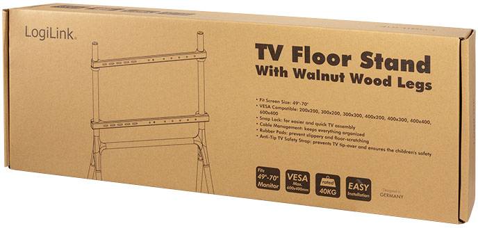 A LogiLink TV Floor Stand csomagolása diófa lábakkal rendelkező állványt mutat, amely 49–70 hüvelykes monitorokhoz alkalmas, maximum 40 kg teherbírással.