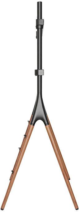 Háromlábú állvány vékony fa lábakkal és egy fémoszloppal, alkalmas hangszerek vagy hangszórók tartására.