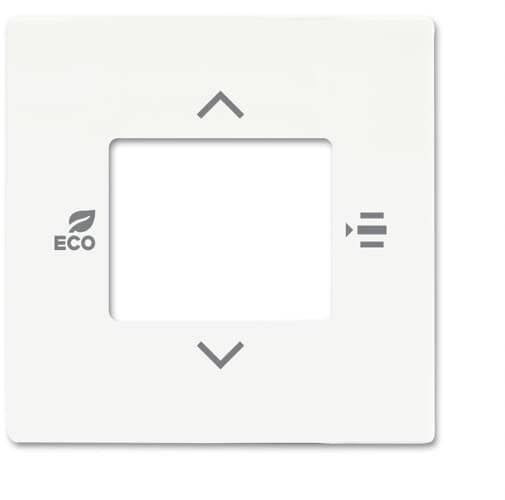 Termosztát vezérlőpanel két irányjelző nyíllal, levél szimbólummal ellátott 'ECO' felirattal és egy menü ikonnal fehér háttéren.