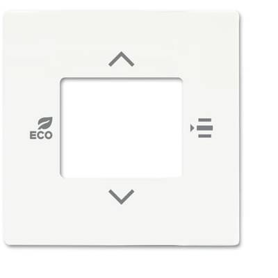Termosztát vezérlőpanel két irányjelző nyíllal, levél szimbólummal ellátott 'ECO' felirattal és egy menü ikonnal fehér háttéren.