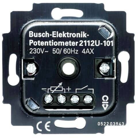 Egy szabályozható forgókapcsolós potenciométer 'Busch-Elektronik-Potentiometer 2112U-101' felirattal, alkalmas 230V, 50/60Hz, 4AX feszültséghez.