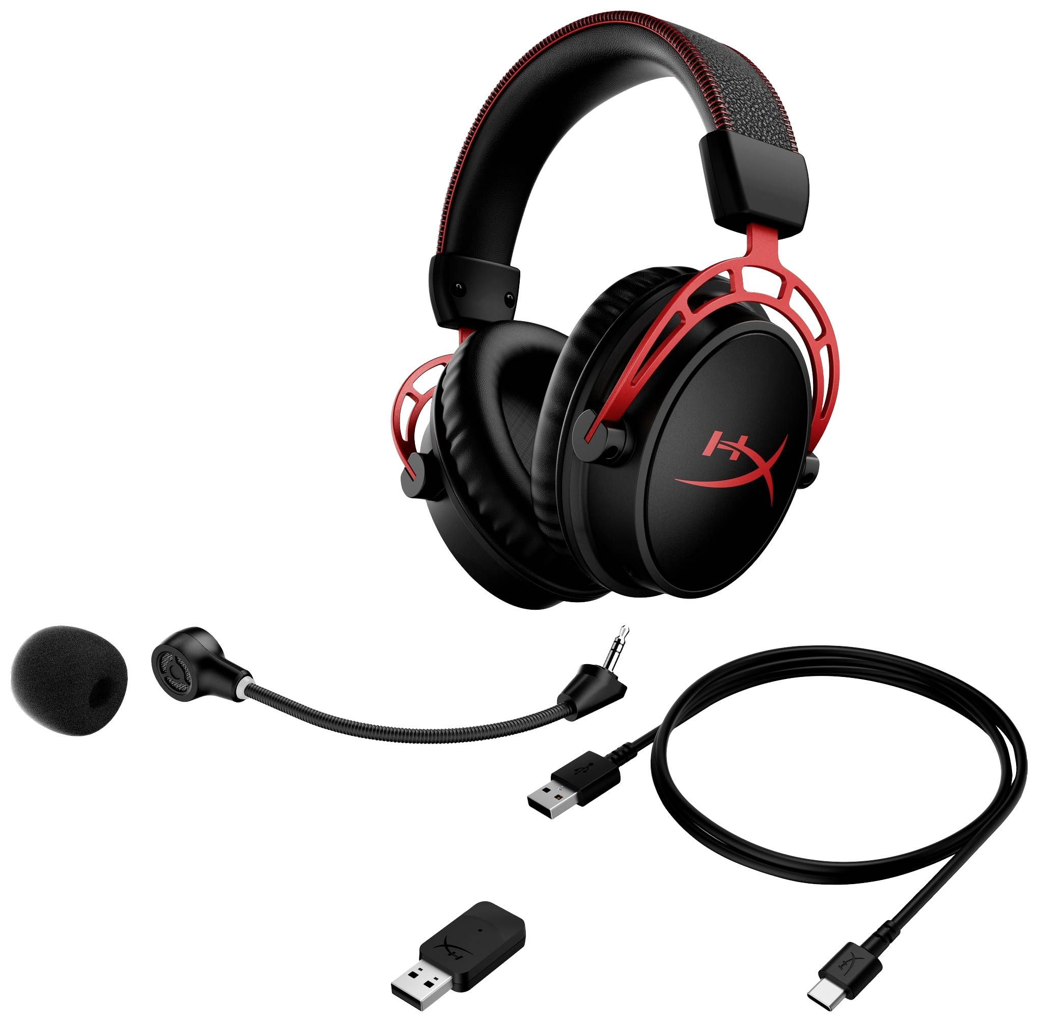 HyperX gamer headset fekete színben, piros részletekkel, levehető mikrofonnal, USB-csatlakozóval és kiegészítő USB-kábellel.