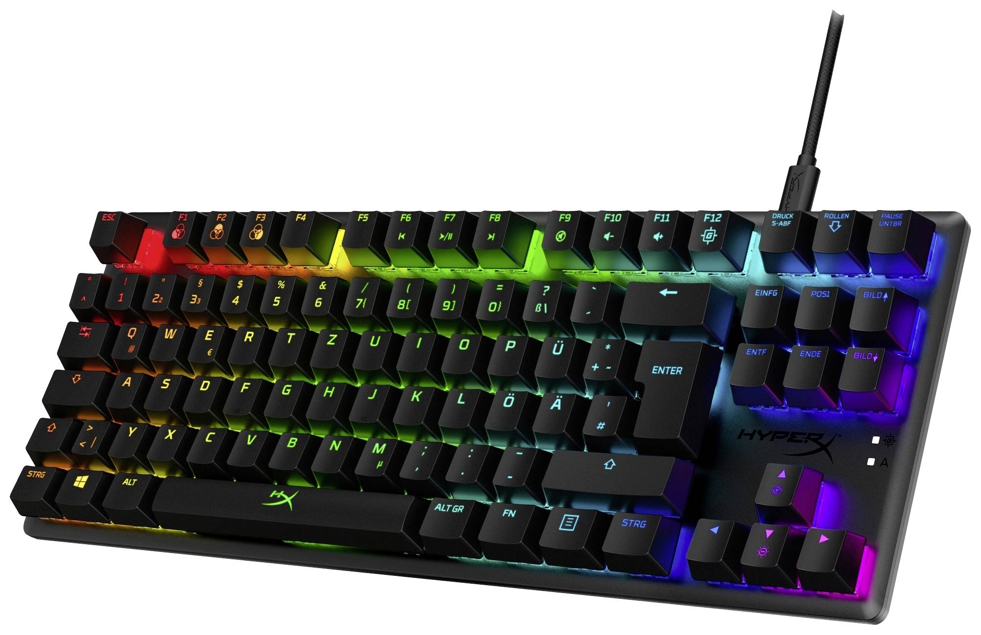 RGB háttérvilágítású billentyűzet változatos színekben; feltűnő HyperX márkajelzés jobbra fent; kompakt elrendezés számbillentyűzet nélkül.