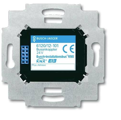 Busch-Jaeger KNX busz csatoló 24V KNX logóval, modellszám 6120/12-101. Ezüst keretezés, fekete előlap kék felirattal.