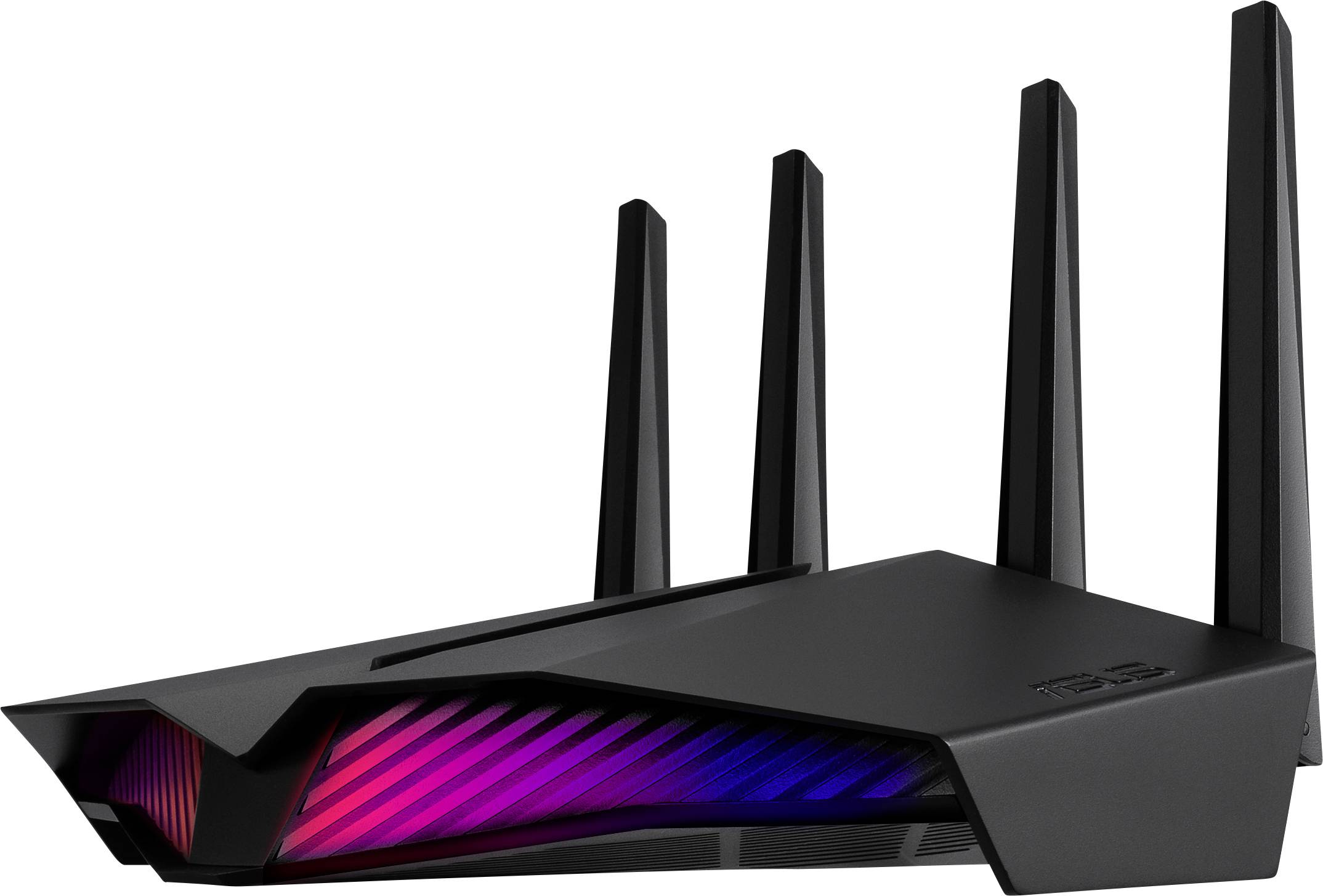 Négy antennás fekete WLAN-router, modern dizájnnal és vörös-kék fénnyel az elején.
