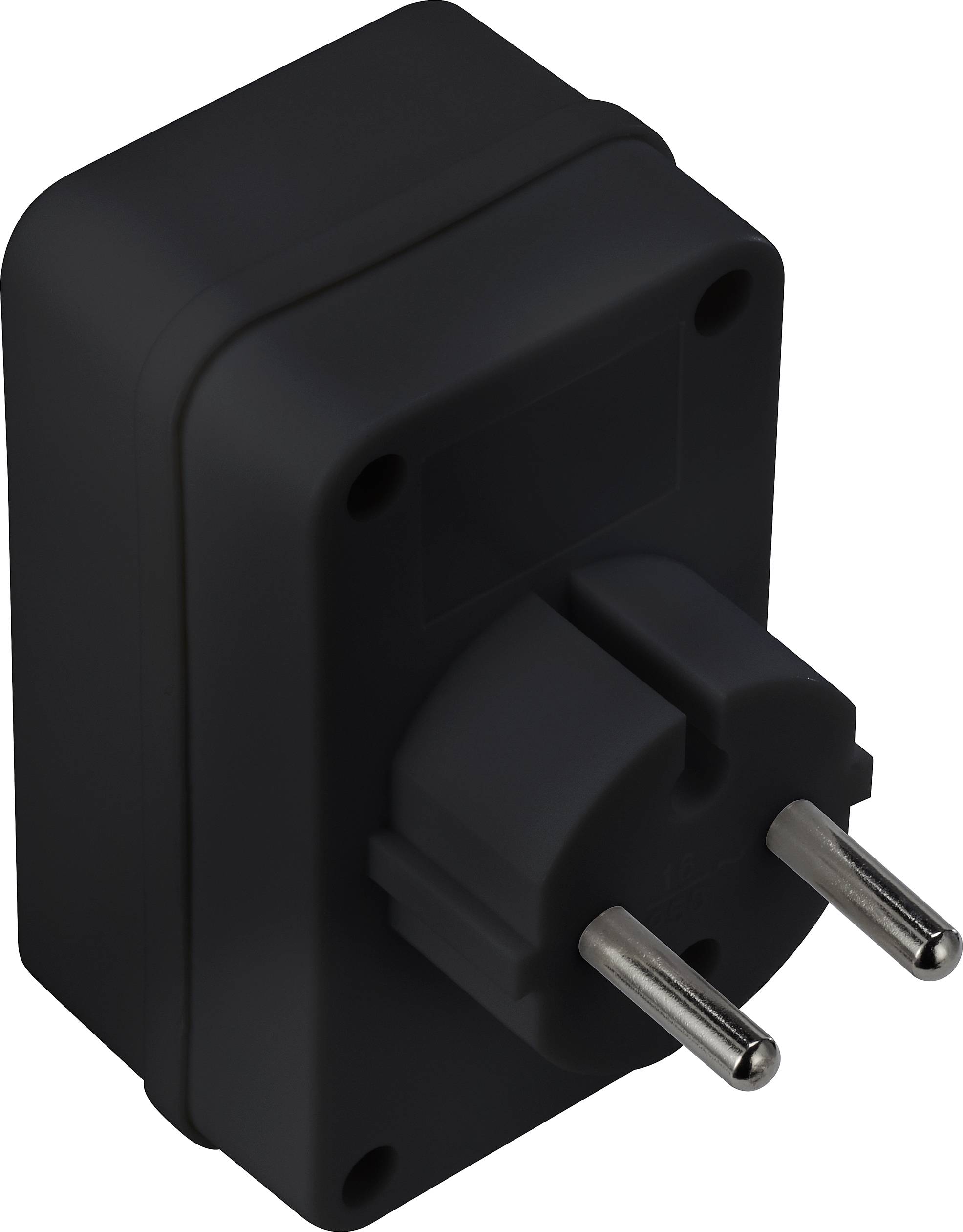 Egy fekete adapter dugó konnektorhoz, lekerekített élekkel és két fémcsatlakozóval az elektromos kapcsolathoz.