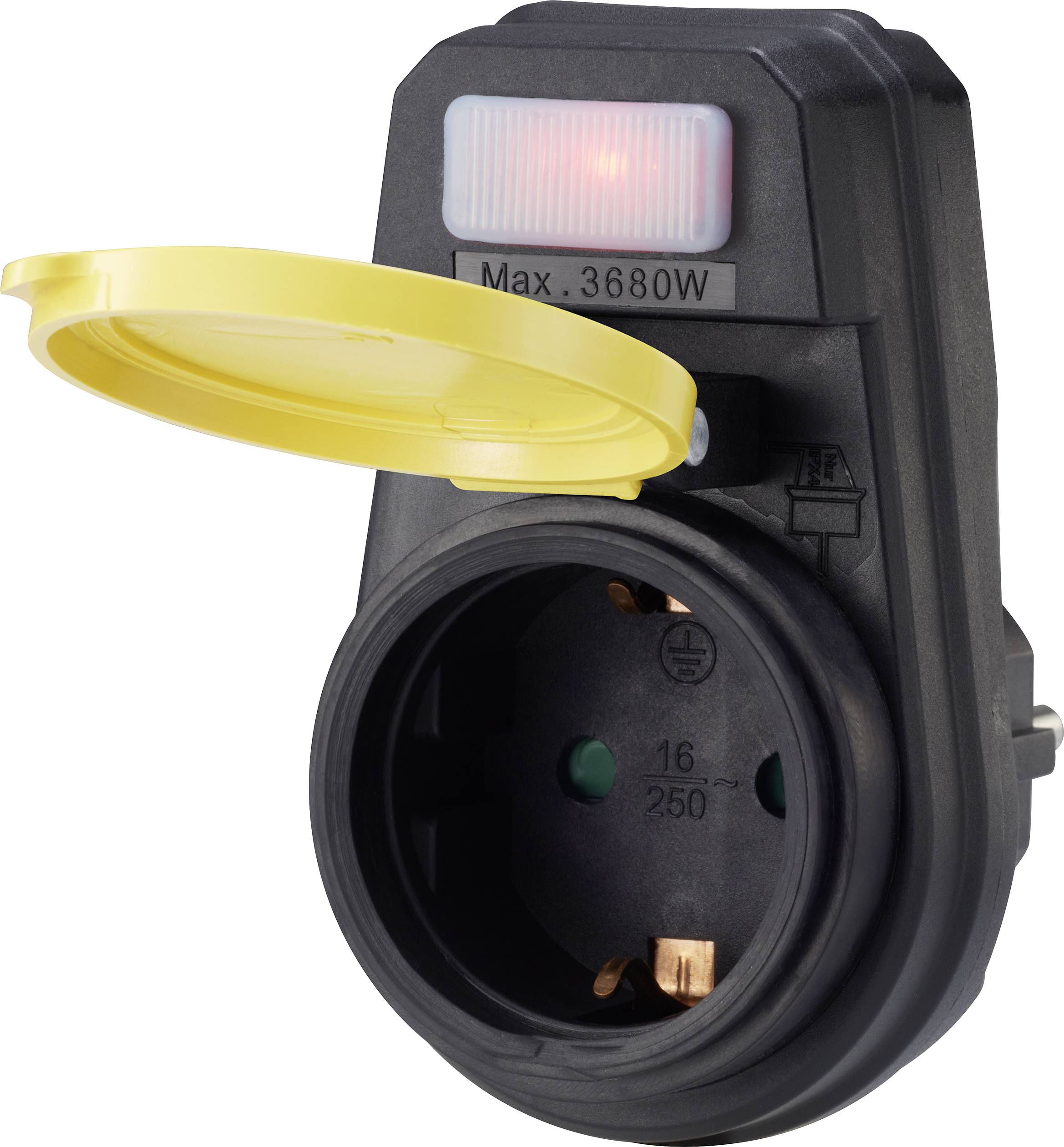 Fekete védőérintkezős dugalj sárga fedéllel, maximum 3680 watt teljesítményre alkalmas.
