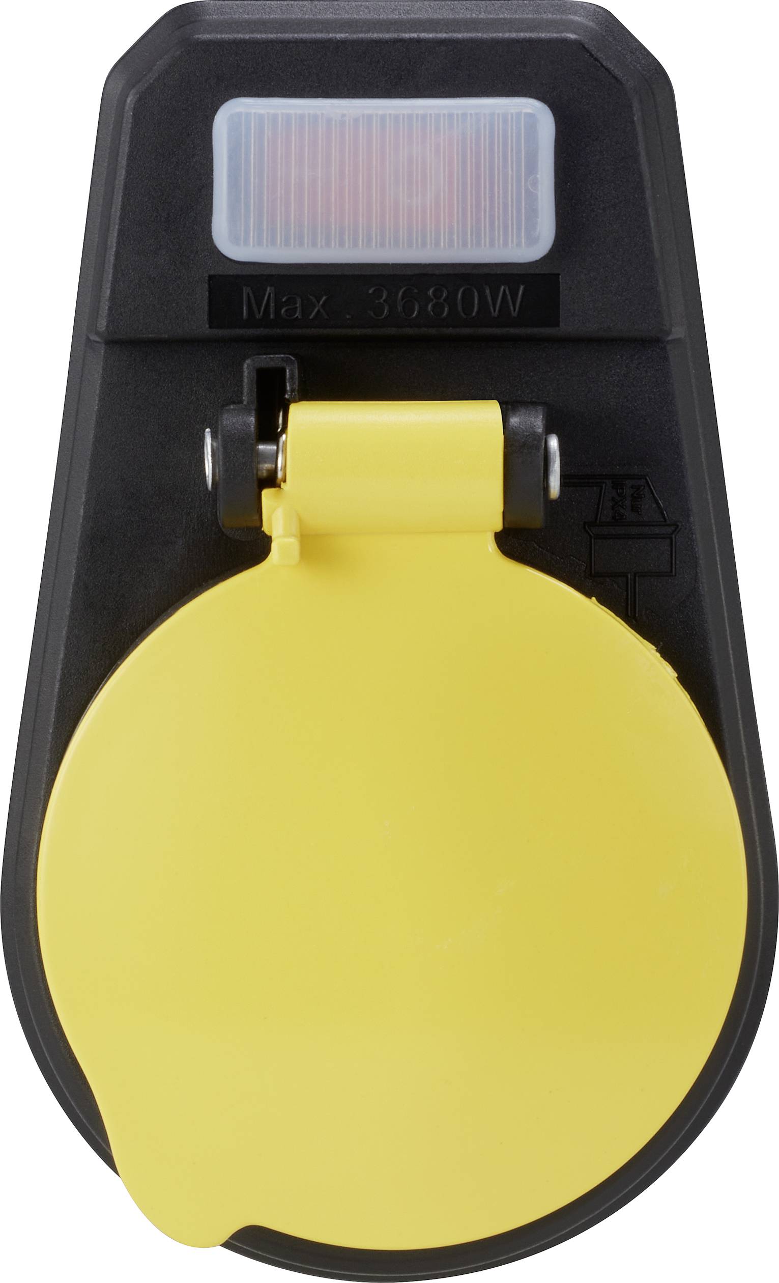 Egy sárga dugaszolóaljzat-adapter, amelynek fekete házán egy fedél és a 'Max 3680W' felirat látható.