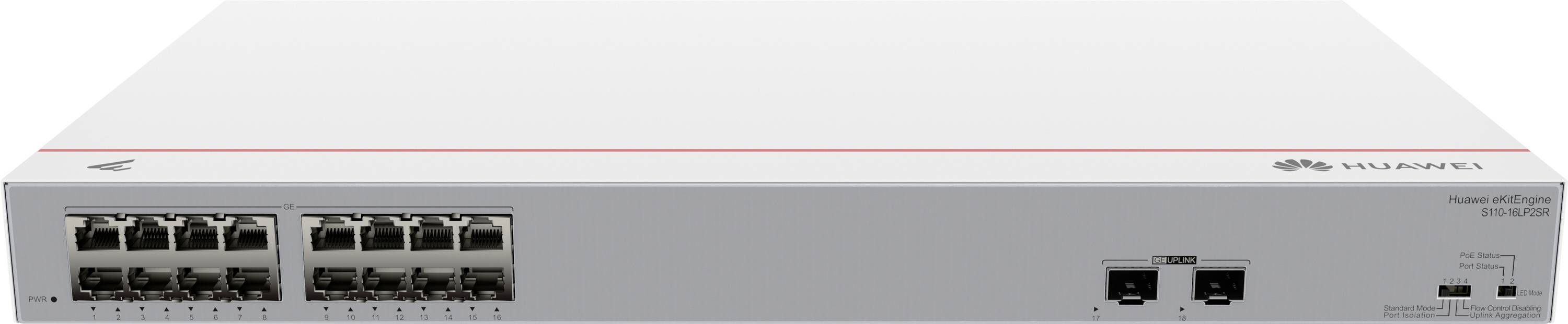 Egy hálózati switch több Ethernet porttal, "Huawei" felirattal. Az eszköz fehér színű, tetején vörös vonallal.