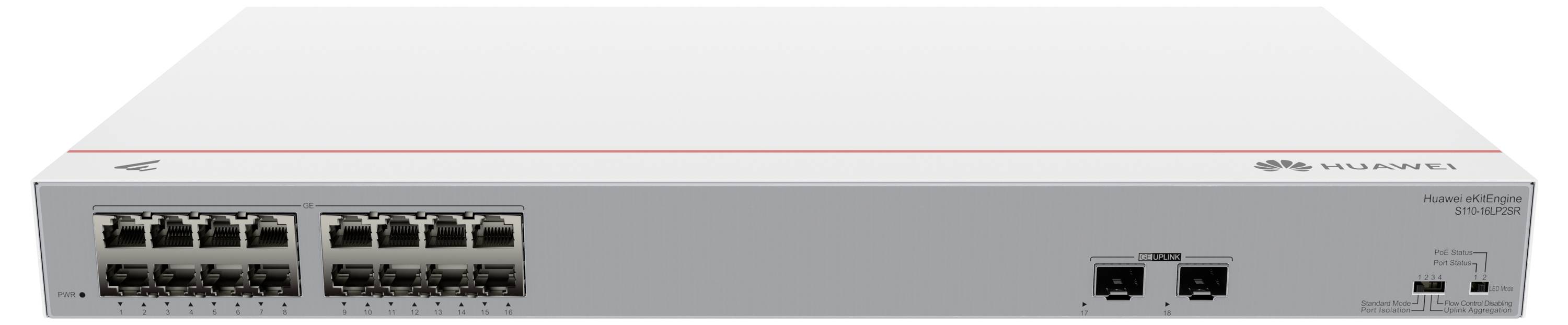Egy fehér hálózati switch több Ethernet-porttal az előlapján, beleértve az SFP és konzol portokat, egyszínű háttér előtt.