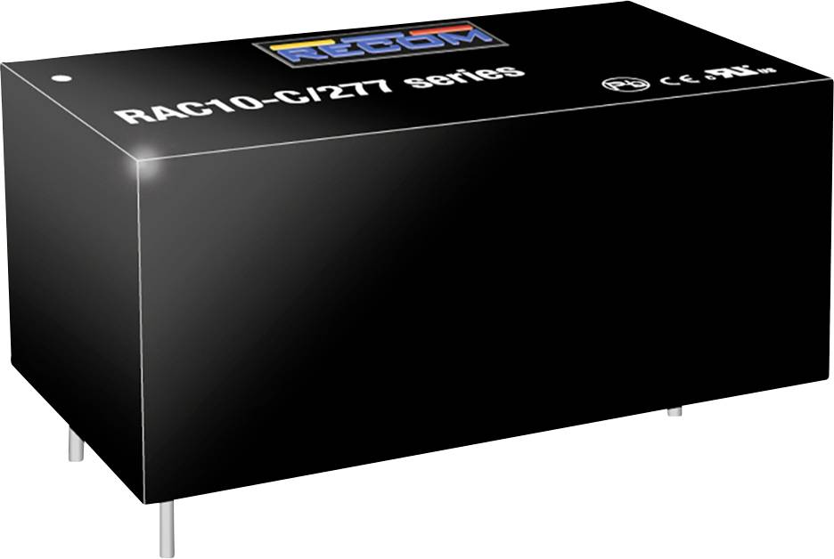 Elektronikus alkatrész 'RAC10-C/277 sorozat' felirattal. CE- és TÜV-tanúsítvánnyal rendelkezik. Fekete ház.
