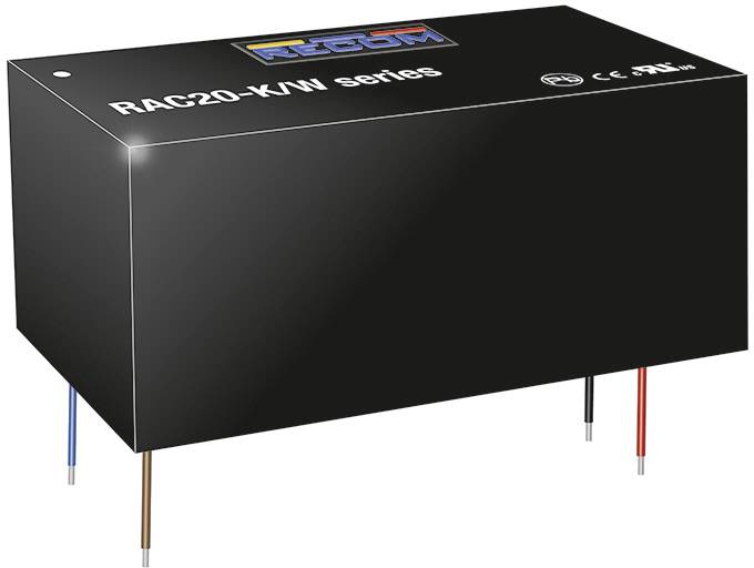 'RAC20-K/N sorozat' elektronikai alkatrész, fekete házban több csatlakozóval az alsó részen, CE- és tanúsítási jelzések láthatók.
