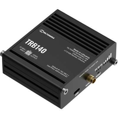 A Teltonika TRB140 ipari LTE modem/router Ethernet, USB és tápellátási portokkal, amely egy termékfotón látható.