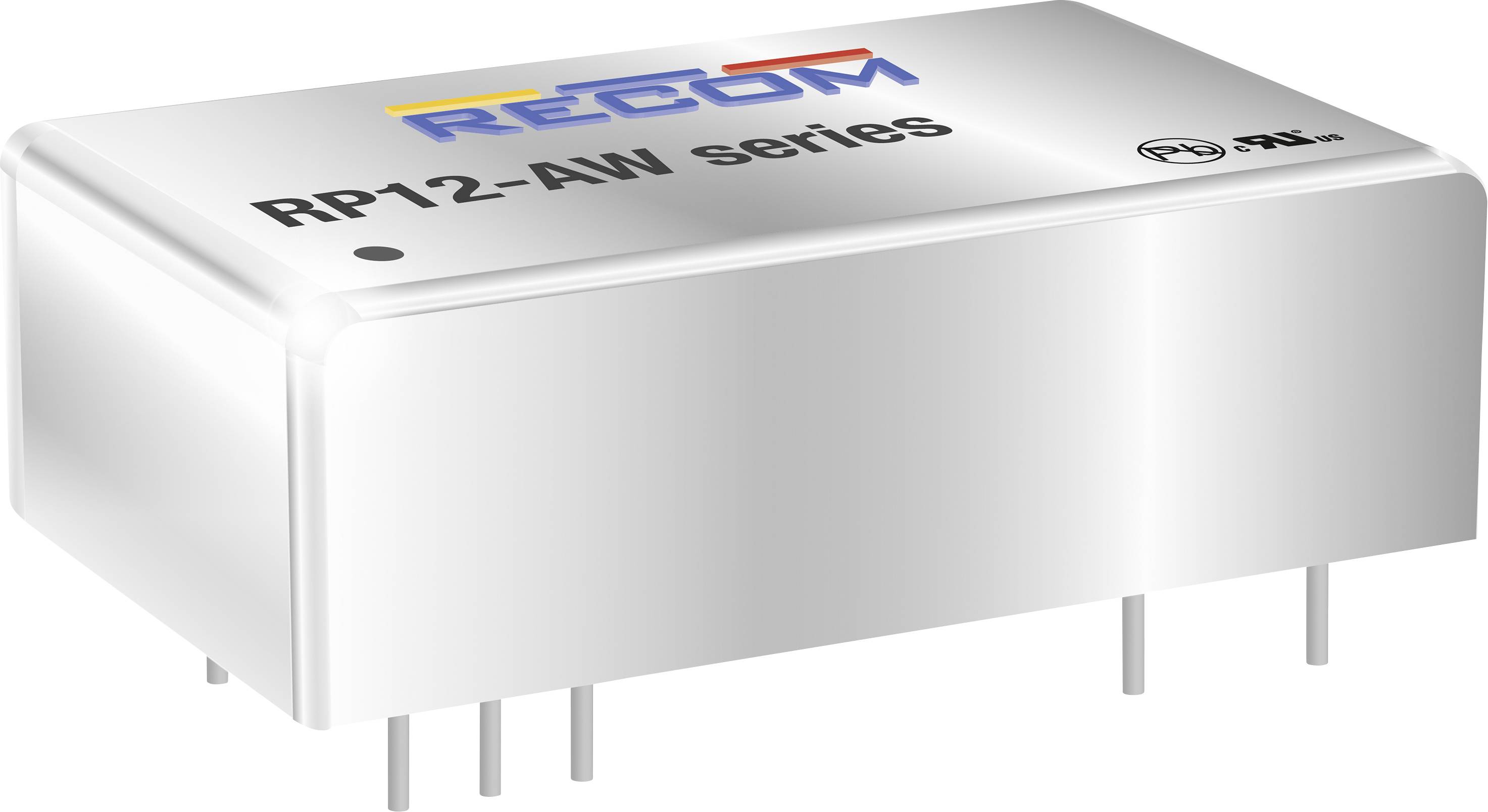 Egy ezüstszínű, téglalapú elektronikai alkatrész a 'RECOM RP12-AW sorozat' felirattal, több érintkezővel az alján.