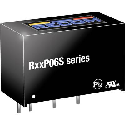 'RECOM RxxP06S-sorozatú fekete DC/DC-átalakító több csatlakozóval és nyomtatott tanúsítási bélyegzőkkel.'