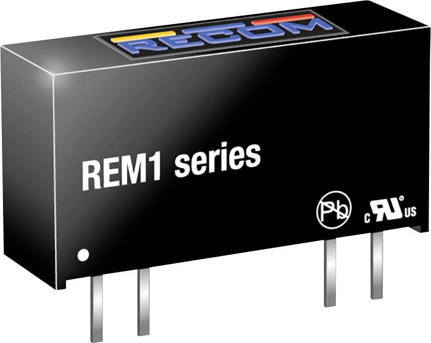 REM1 sorozatú elektronikai alkatrész a Recomtól, három lábbal, fekete házban, fehér szöveggel és márkalogóval felül.