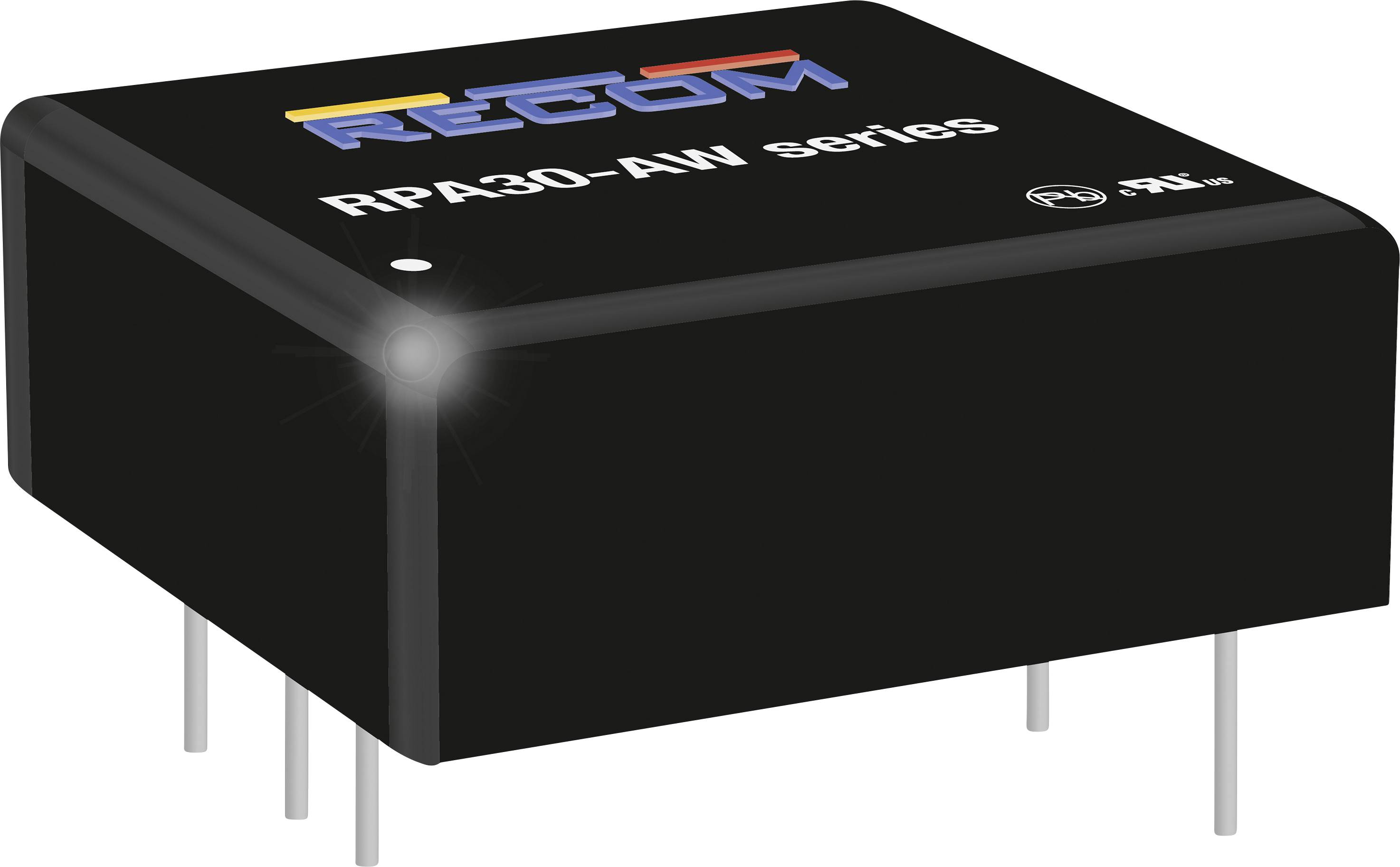 RPA30-AW sorozatú tápegység a RECOM-tól több tűs elektronikai alkalmazásokhoz. A ház fekete, színes logóval.
