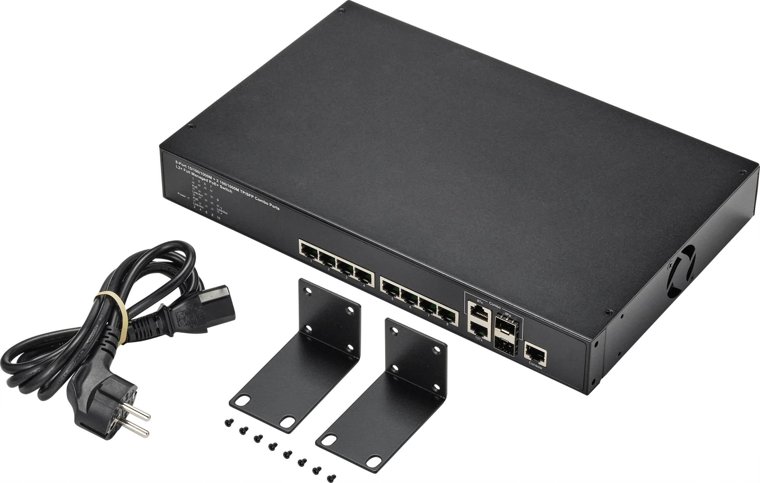 Egy fekete hálózati switch több Ethernet-porttal, hálózati kábellel, két rögzítősínnel és nyolc csavarral ábrázolva.