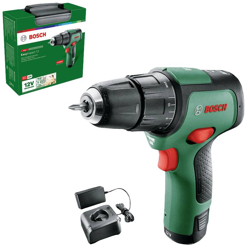 Bosch EasyDrill 12V akkumulátoros fúrógép, zöld-fekete színben, piros kapcsolóval, töltő mellett. A háttérben a szerszám képével ellátott csomag látható.