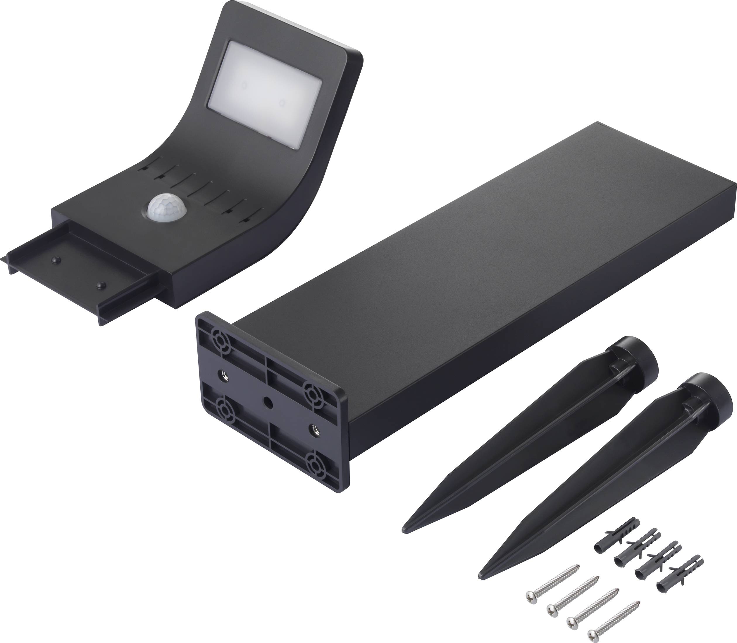 Napelemes kültéri lámpa telepítéshez, amely egy négyszögletes fénymodulból, talajba szúrható rögzítőelemekből és szerelési anyagokból áll, fekete színben.