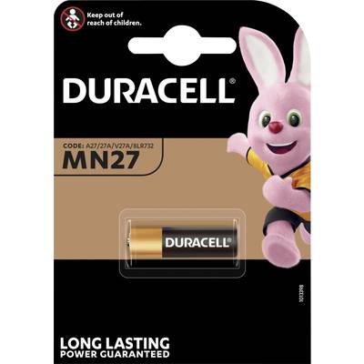 Duracell MN27 elem csomagolása, amelynek jobb felső sarkában rózsaszín nyuszis maskot látható. Figyelmeztetés: 'Gyermekektől elzárva tartandó'.