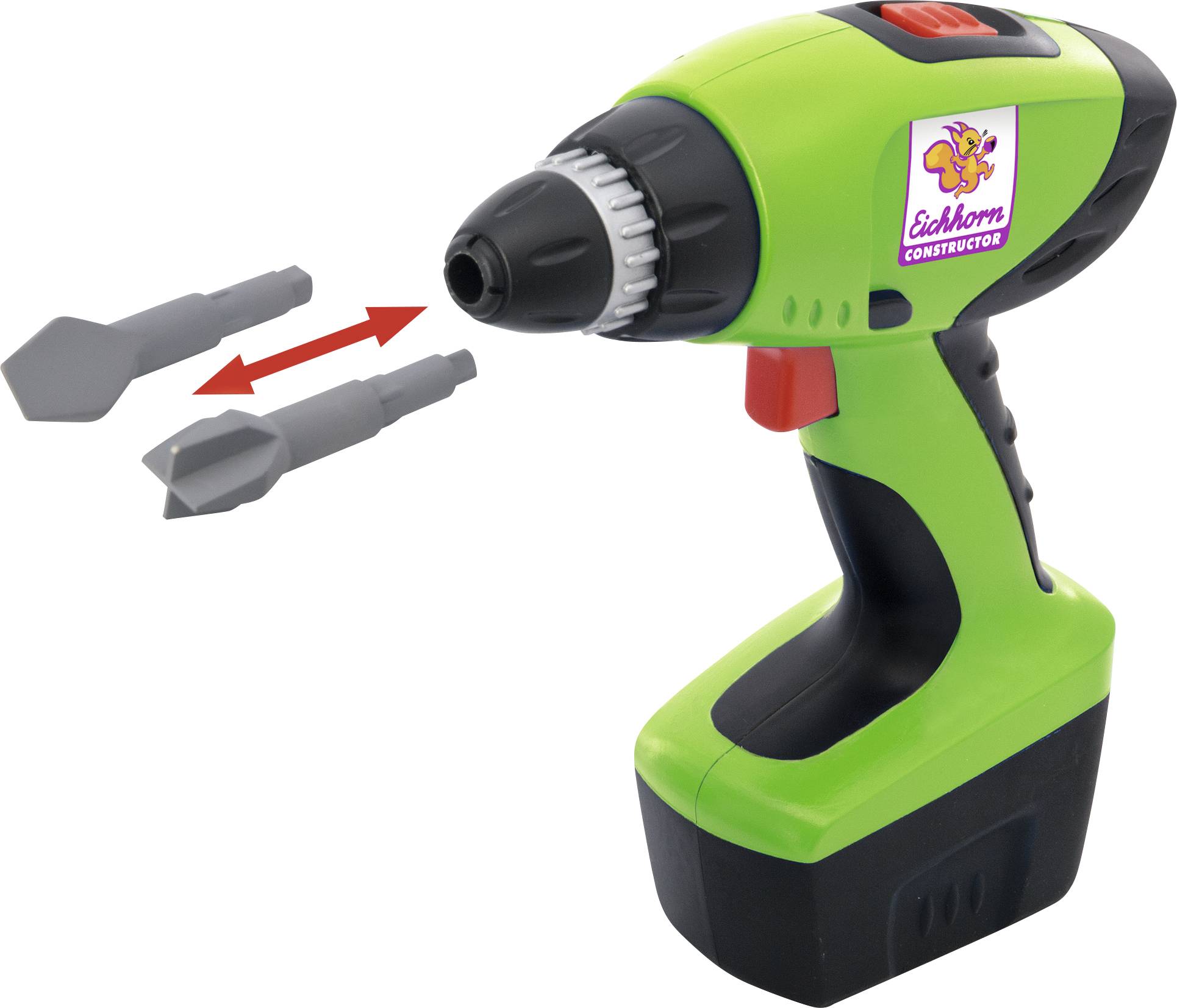 Egy zöld akkus csavarozó fekete markolattal, mellette két cserélhető fúróadapterrel. Eichhorn logós matrica rajta.