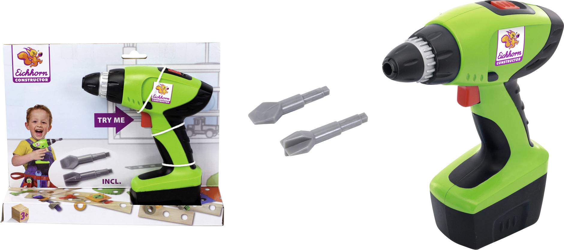 Zöld játék fúrógép piros gombbal, két szürke kiegészítővel. A csomagoláson mosolygó gyerek látható. Márkanév: EdMorn.
