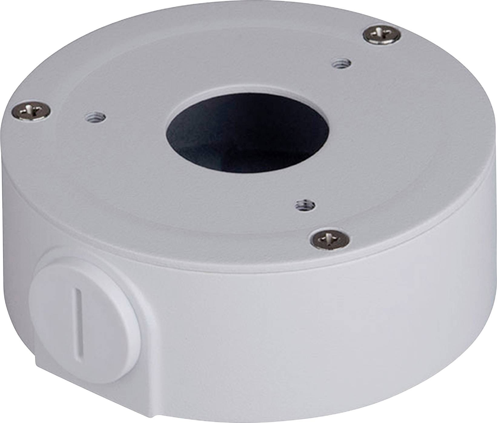 Szürke, kerek fém szerelődoboz csavarlyukakkal biztonsági kamera telepítéséhez.