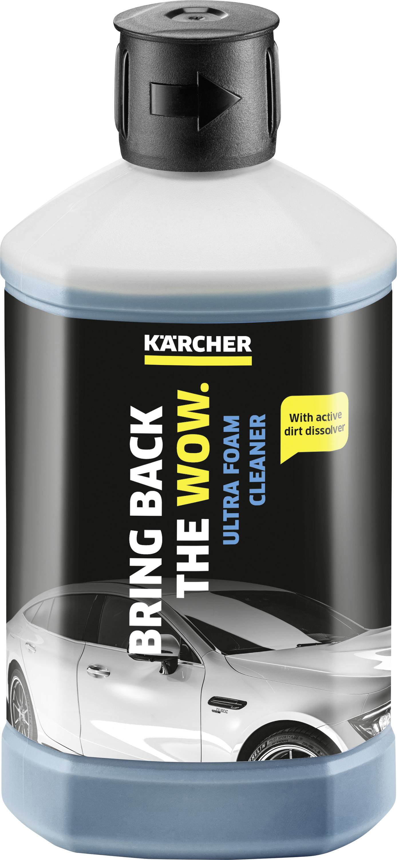 Kärcher Ultra Foam Cleaner üveg autó- és kerékpártisztításhoz. A címke autót mutat habbal és utal a 3-az-1-ben funkcióra.