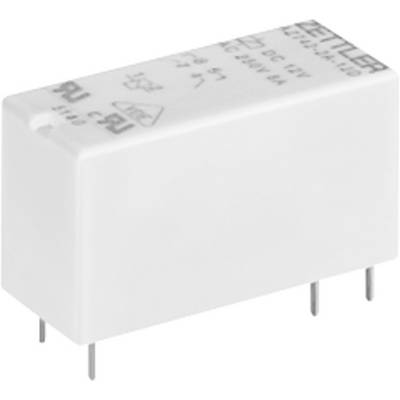 Fehér elektronikai alkatrész érintkezőkkel, valószínűleg egy relé. A jelölések elektromos specifikációkat mutatnak.