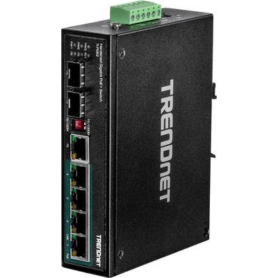 Ipari Ethernet-switch robusztus házban, hat Ethernet-porttal és zöld csatlakozóblokkkal. Modell: TRENDnet TI-PG62B.
