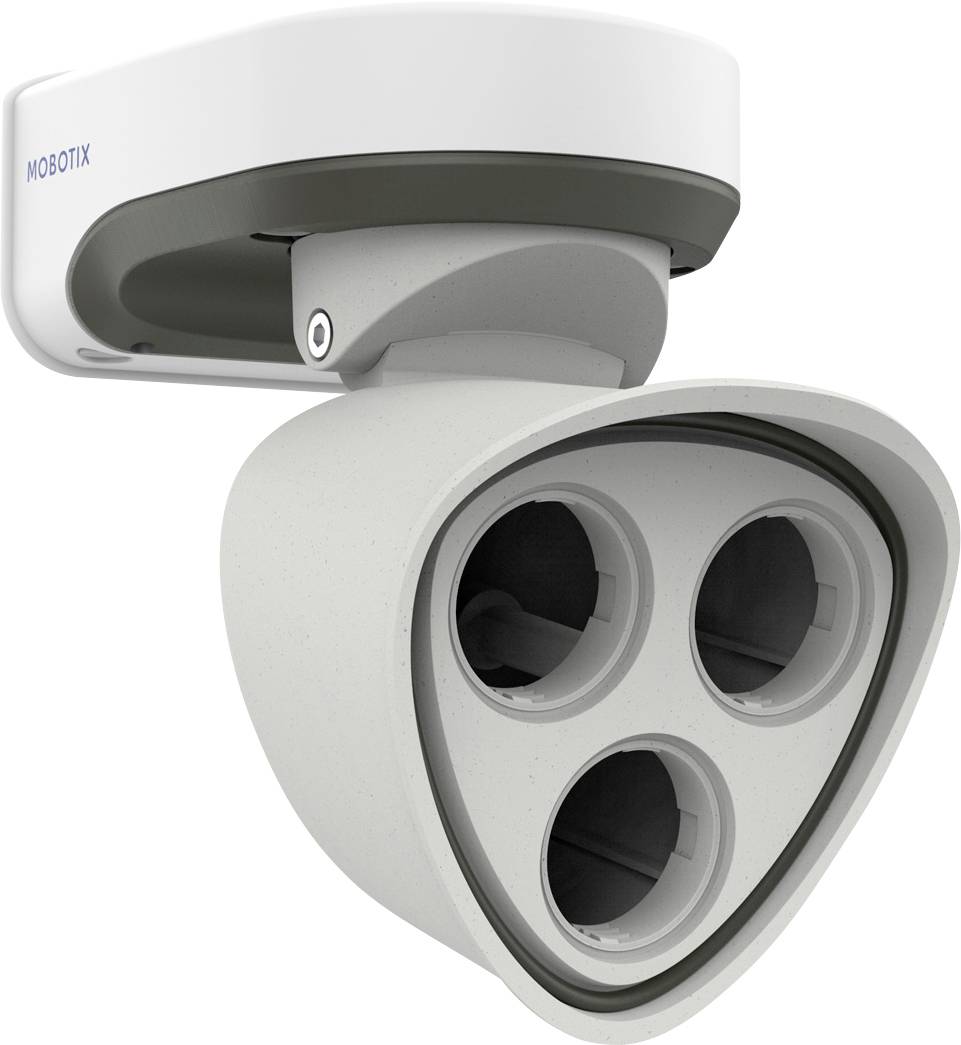 Egy Mobotix márkajelzésű, falra szerelt megfigyelőkamera. A kamera három objektívvel rendelkezik, amely átfogó felügyeletet biztosít.