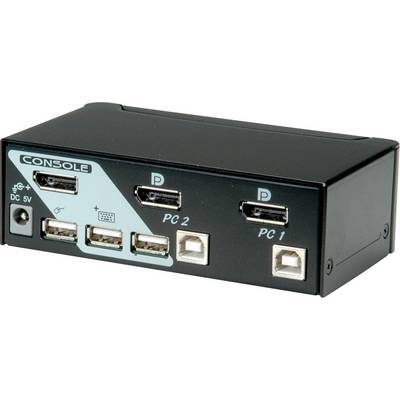 Egy KVM-kapcsoló két PC csatlakozóval, amelyek között USB- és HDMI-portok találhatók, valamint egy hálózati tápcsatlakozó a bal oldalán.
