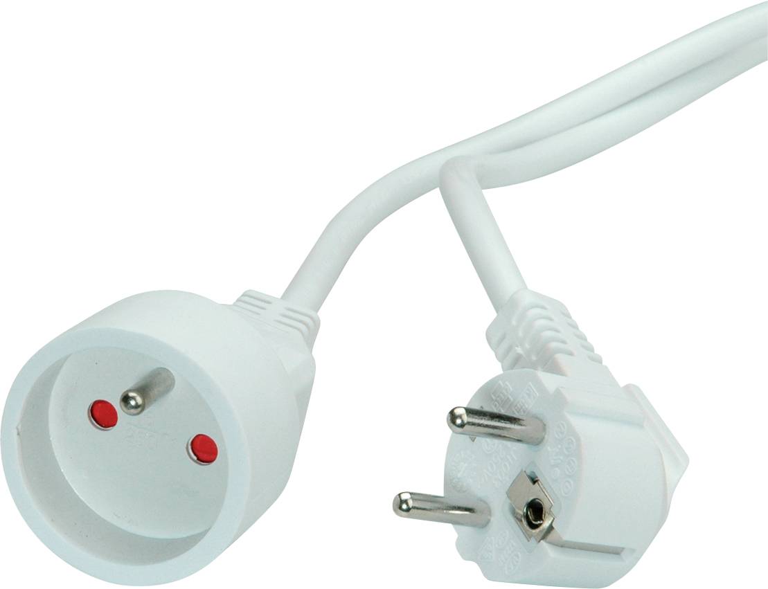 Egy hálózati kábel CEE 7/7-es csatlakozódugóval és aljzattal, amely bemutatja a feszültségkompatibilitást az európai elektromos aljzatokhoz.