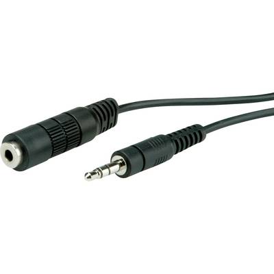Fekete audió kábel 3,5 mm-es jack csatlakozóval és aljzattal, alkalmas fejhallgató és hangszóró csatlakoztatásához.