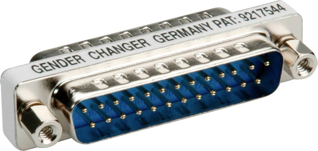 Fémes csatlakozó 'Gender Changer Germany Szabadalom: 9217544' felirattal, 25 érintkezős kék csatlakozósáv.