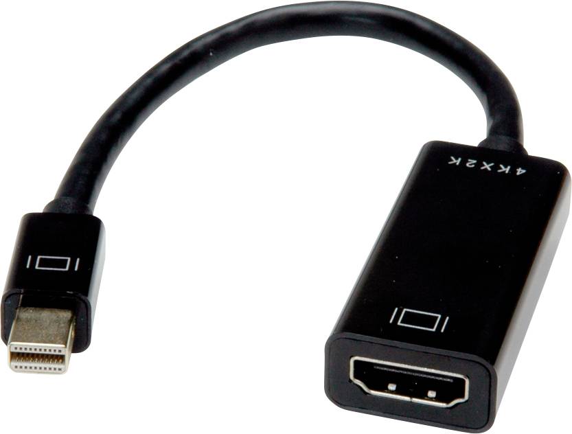 Fekete adapter kábel Mini DisplayPort dugóval és HDMI aljzattal. Alkalmas számítógépek HDMI kijelzőkhöz történő csatlakoztatásához.