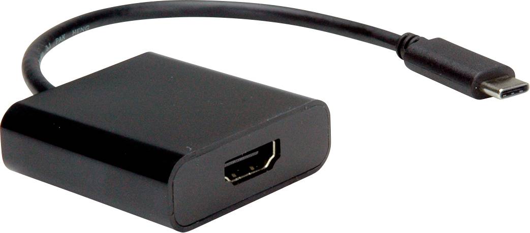 Egy fekete USB-C-HDMI adapter rövid kábellel, amely alkalmas USB-C csatlakozóval rendelkező eszközök HDMI-kijelzőkhöz történő csatlakoztatására.