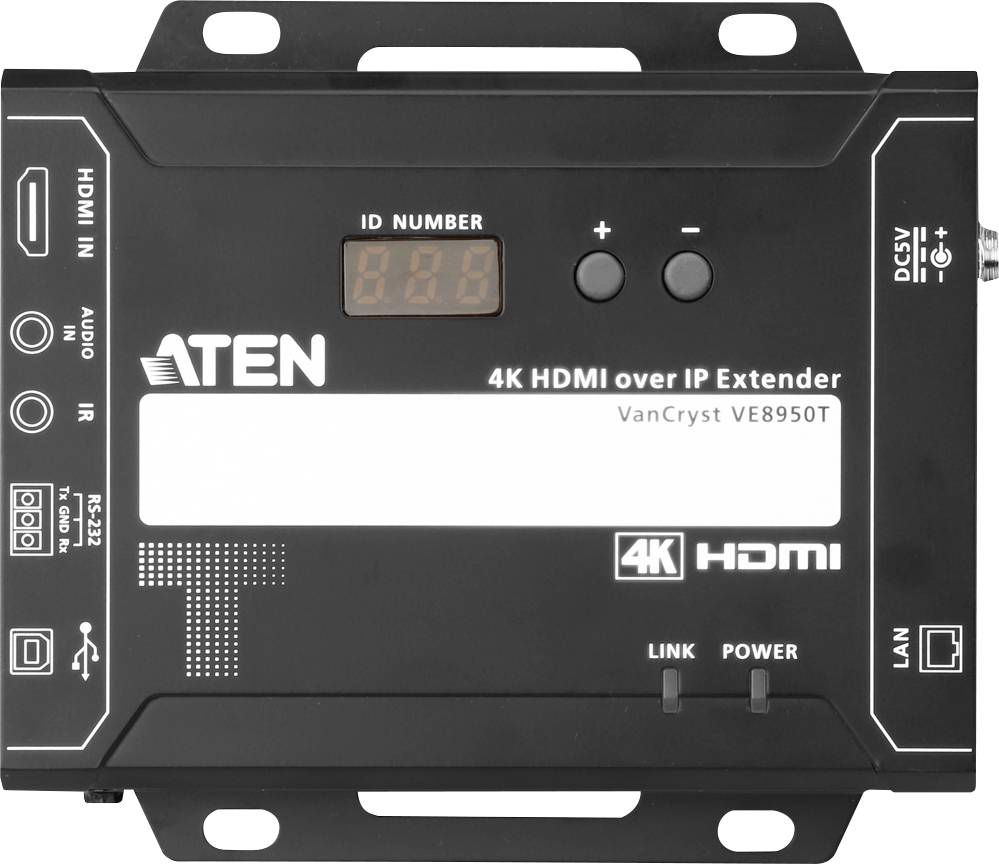 Egy fekete HDMI-over-IP-elosztó márkanévvel és modellszámmal felül. Azonosító kijelzővel, Ethernet- és HDMI-csatlakozókkal rendelkezik.