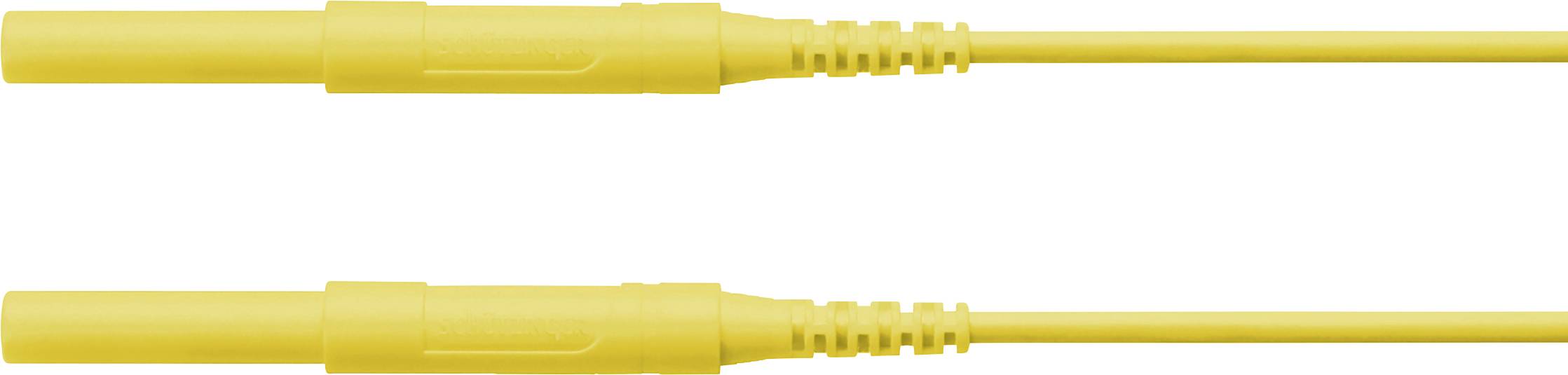Két sárga mérővezeték egyenes csatlakozóval, párhuzamos elrendezésben, különböző elektromos alkalmazásokhoz alkalmas.