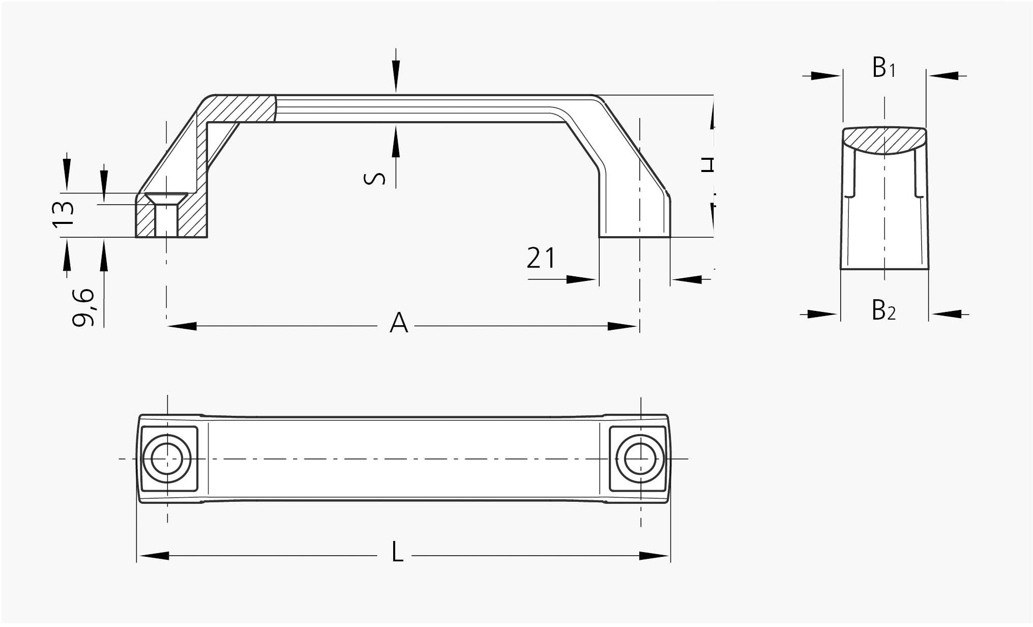 Műszaki rajz egy fogantyúról méretmegadással milliméterben. Felül: oldalnézet szélességgel és magassággal. Alul: felülnézet.