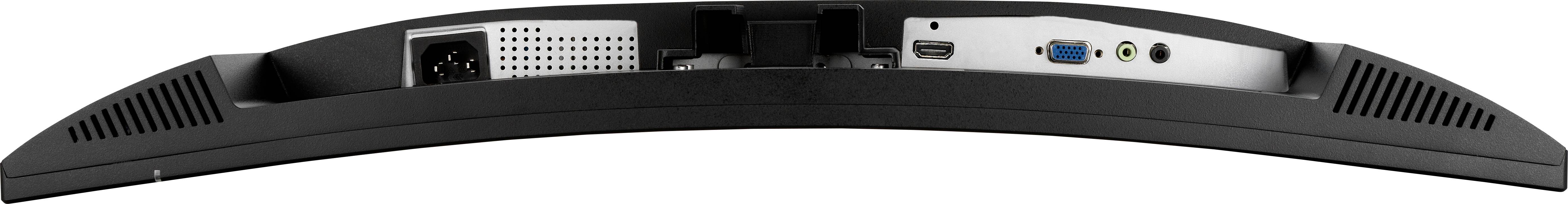 Egy monitor hátoldala különböző csatlakozókkal: tápellátás, HDMI, USB, VGA, audio bemenet és kimenet.