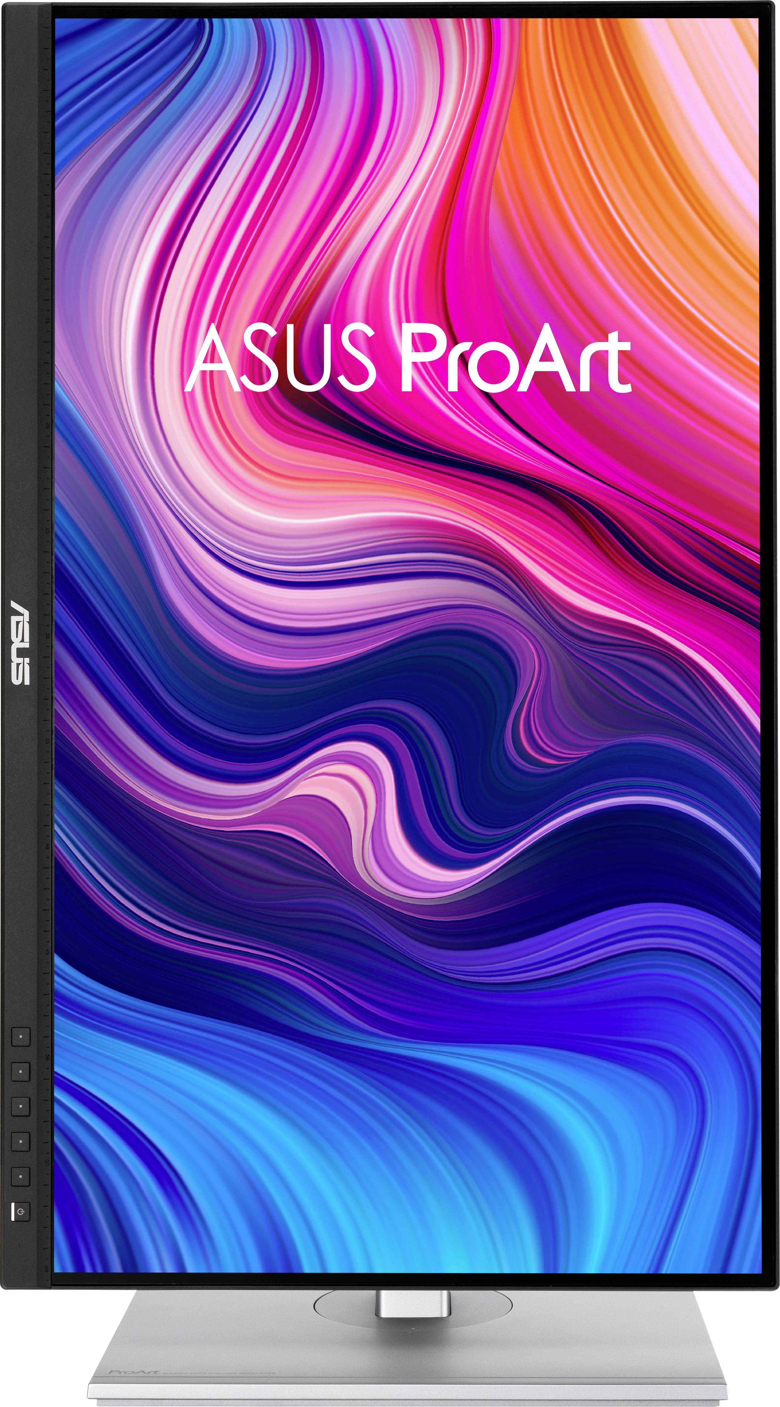 ASUS ProArt-monitor színes, hullámszerű háttérmintával a képernyőn.
