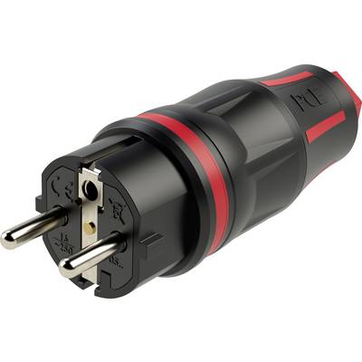 Egy piros és fekete elektromos dugasz két fémcsatlakozóval, amely alkalmas európai csatlakozóaljzatokhoz, robusztus műanyag borítással rendelkezik.